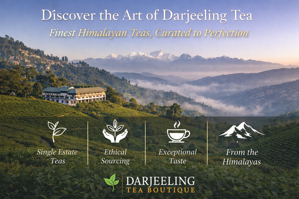 Darjeeling Tea Boutique banner showing misty Himalayan tea gardens, colonial estate, and premium Darjeeling tea branding with key highlights.