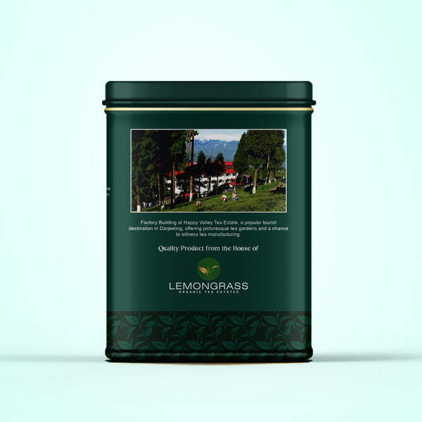 Happy Valley green tea metal tin side view packaging.