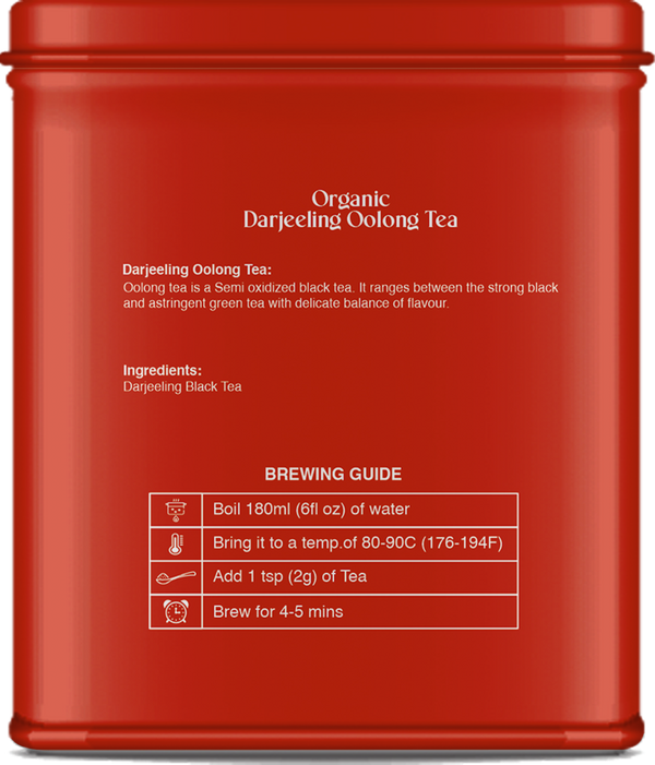 Rear side of oolong tea tin displaying ingredients and storage instructions