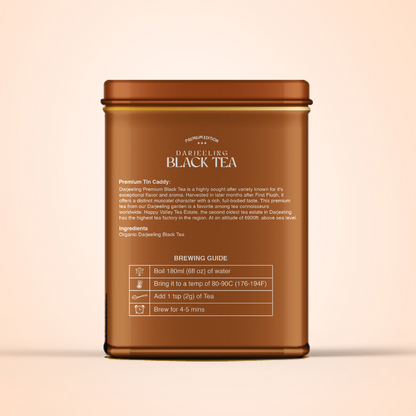 Rear panel of premium vintage Darjeeling tea tin with product details