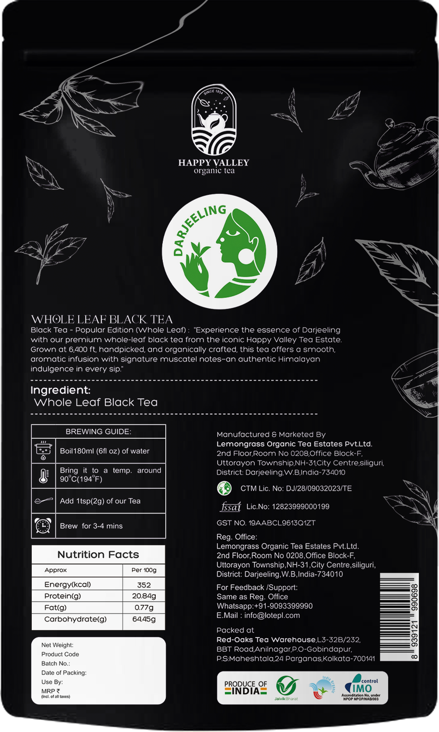 Happy Valley Darjeeling Black Tea back packaging showing ingredients brewing guide nutrition facts and certifications.