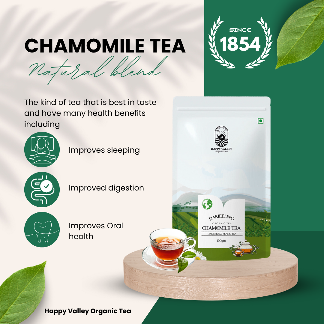 Cup of Darjeeling Chamomile Black Tea freshly brewed with warm amber colour.