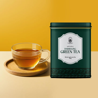 Happy Valley premium green tea tin front label close-up.