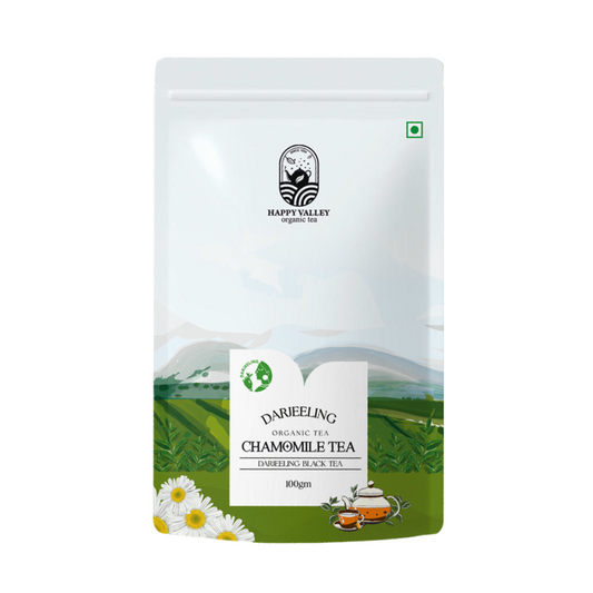 Happy Valley Darjeeling Chamomile Black Tea whole leaf tea in resealable pouch.