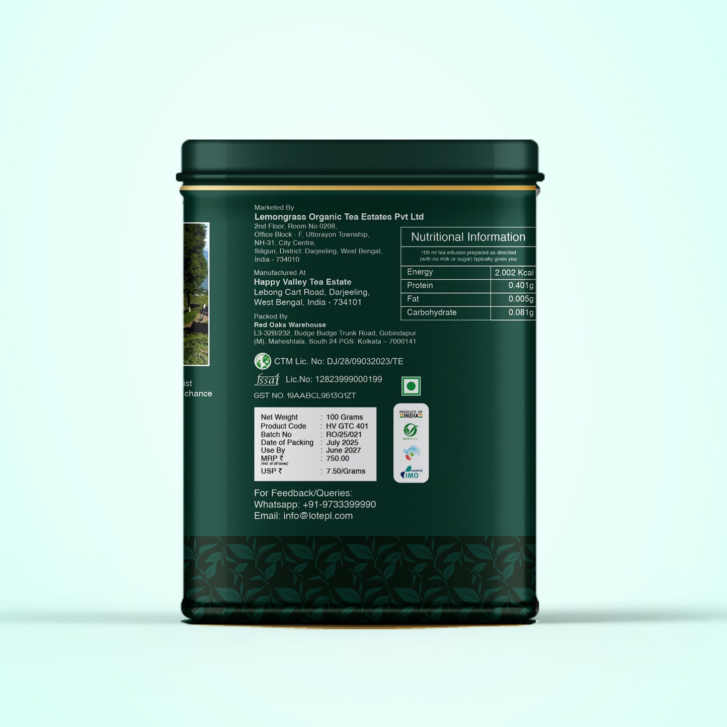 Happy Valley premium green tea tin front label close-up.