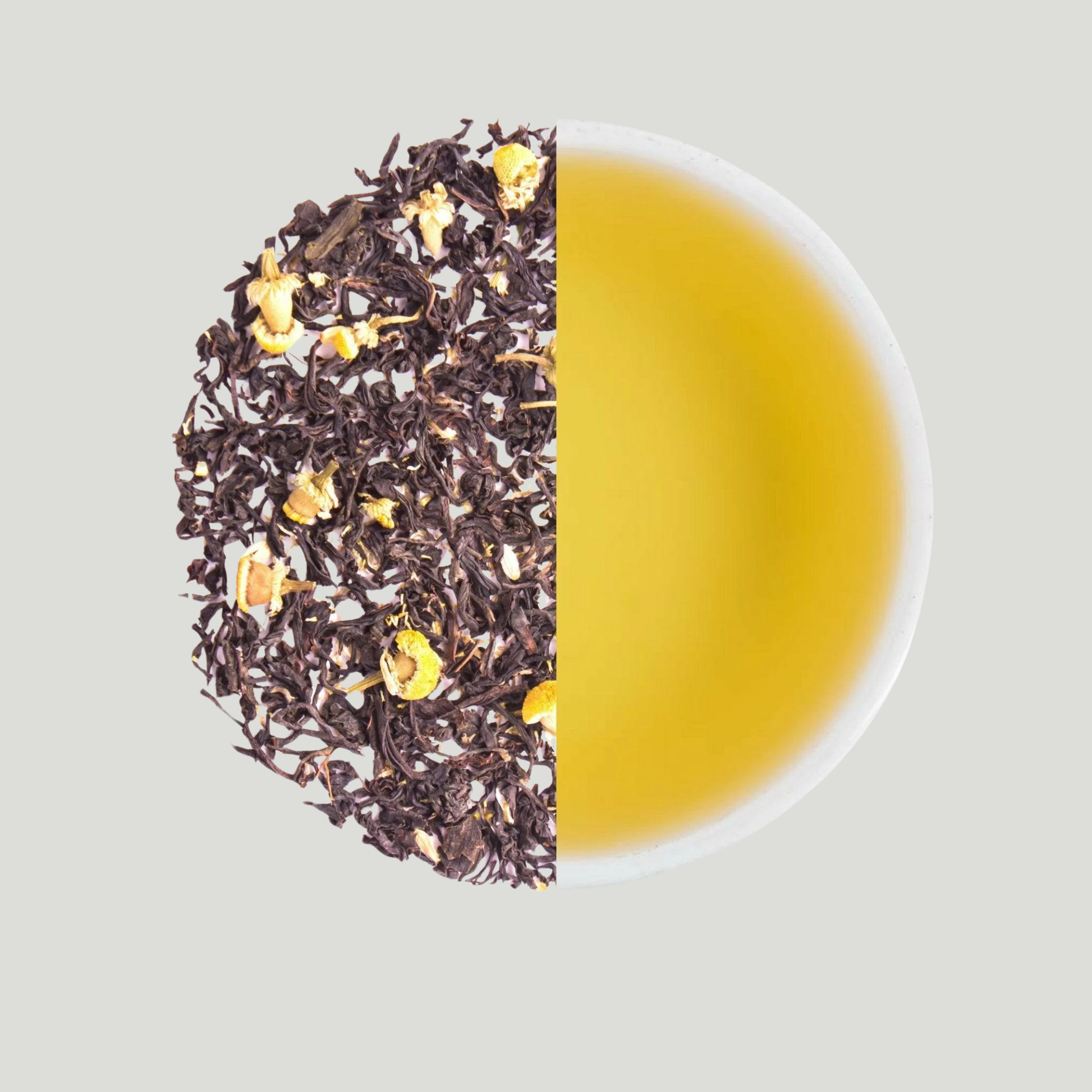Darjeeling Chamomile Black Tea front packaging whole leaf black tea with chamomile.