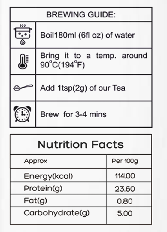 Darjeeling Chamomile Black Tea back label with ingredients brewing guide and nutrition facts.
