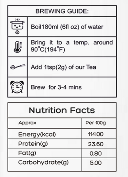 Darjeeling Chamomile Black Tea back label with ingredients brewing guide and nutrition facts.