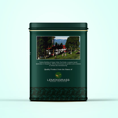Happy Valley green tea metal tin side view packaging.