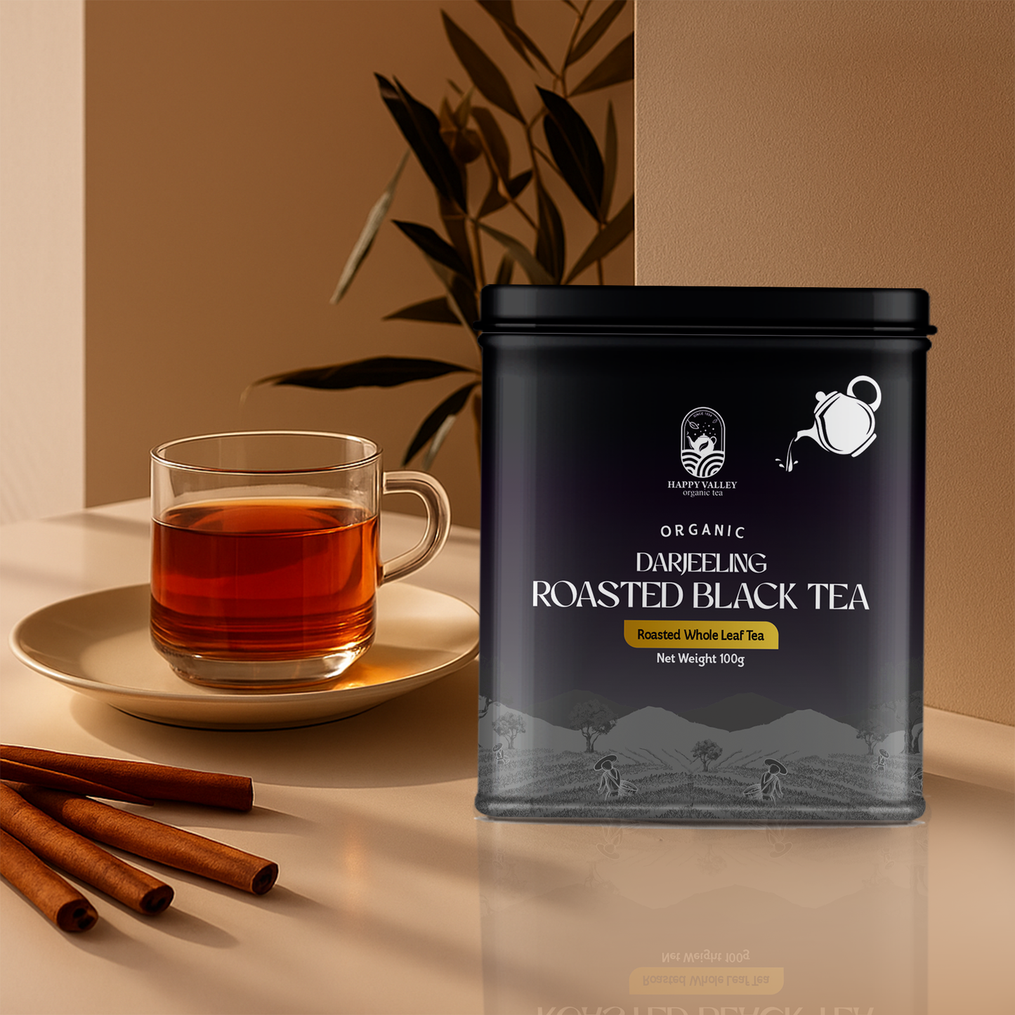 Roasted Darjeeling black tea served hot with Happy Valley tin.