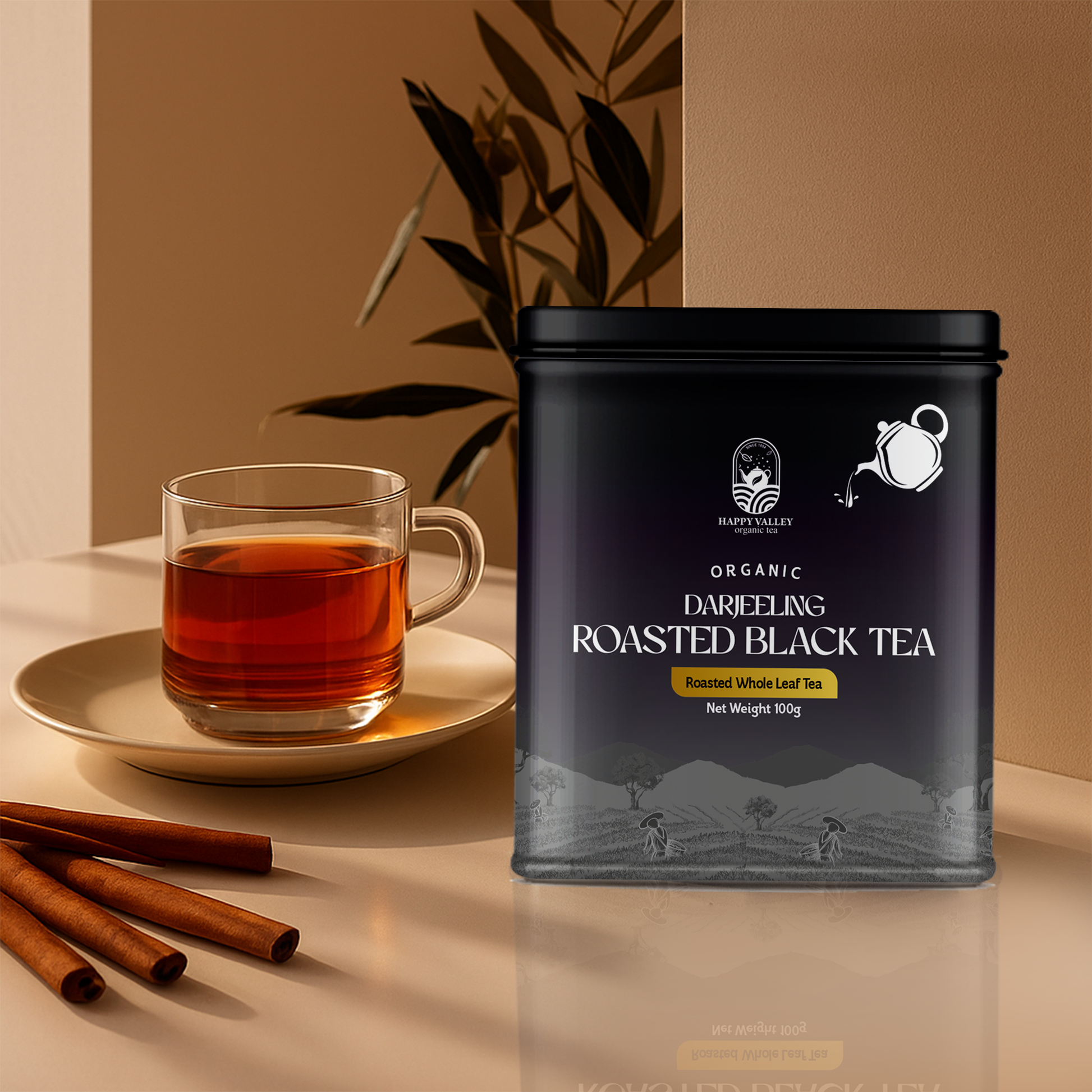 Roasted Darjeeling black tea served hot with Happy Valley tin.