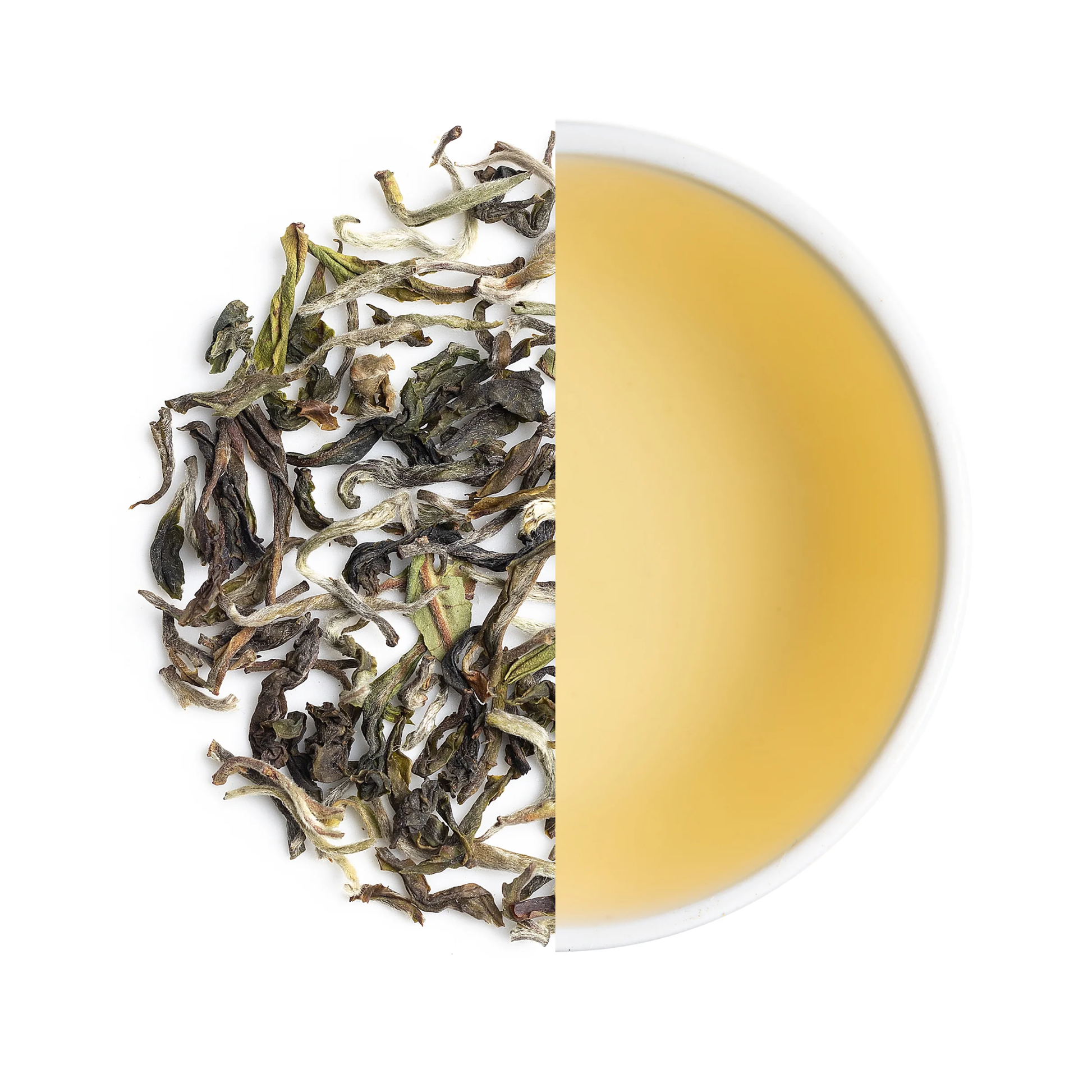 First flush Darjeeling black tea leaves paired with light amber infusion.