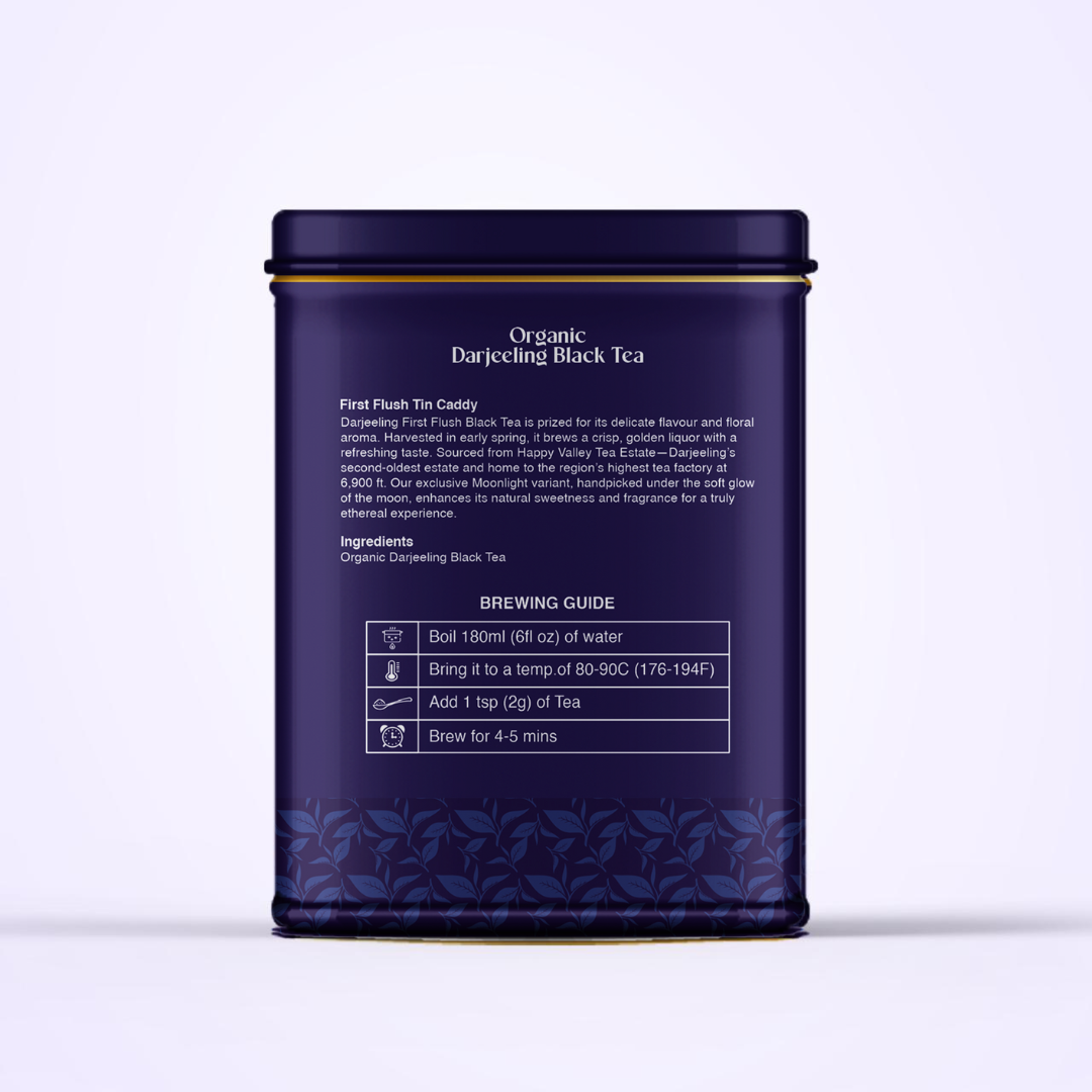 Side angle of Happy Valley first flush black tea tin packaging