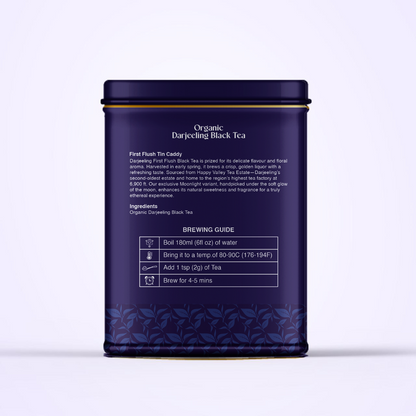Side angle of Happy Valley first flush black tea tin packaging