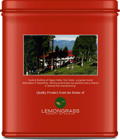Organic Darjeeling oolong tea tin showing plantation image on label