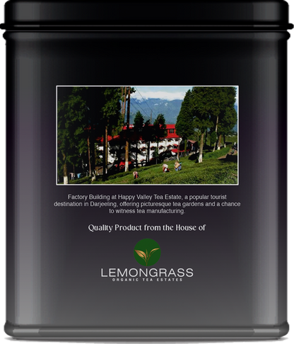 Darjeeling roasted black tea tin displayed with plantation origin visual.